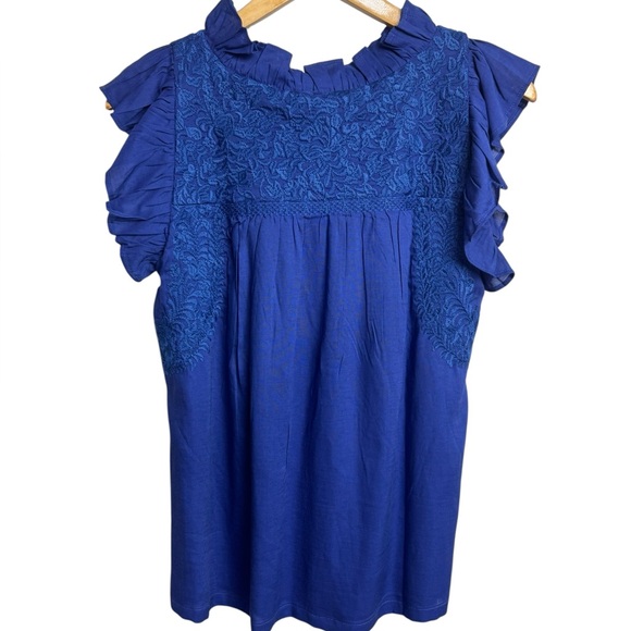 J. Marie Woven Embroidered Cap Sleeve Ruffled Trim Blue Top NWOT XS - Picture 5 of 8